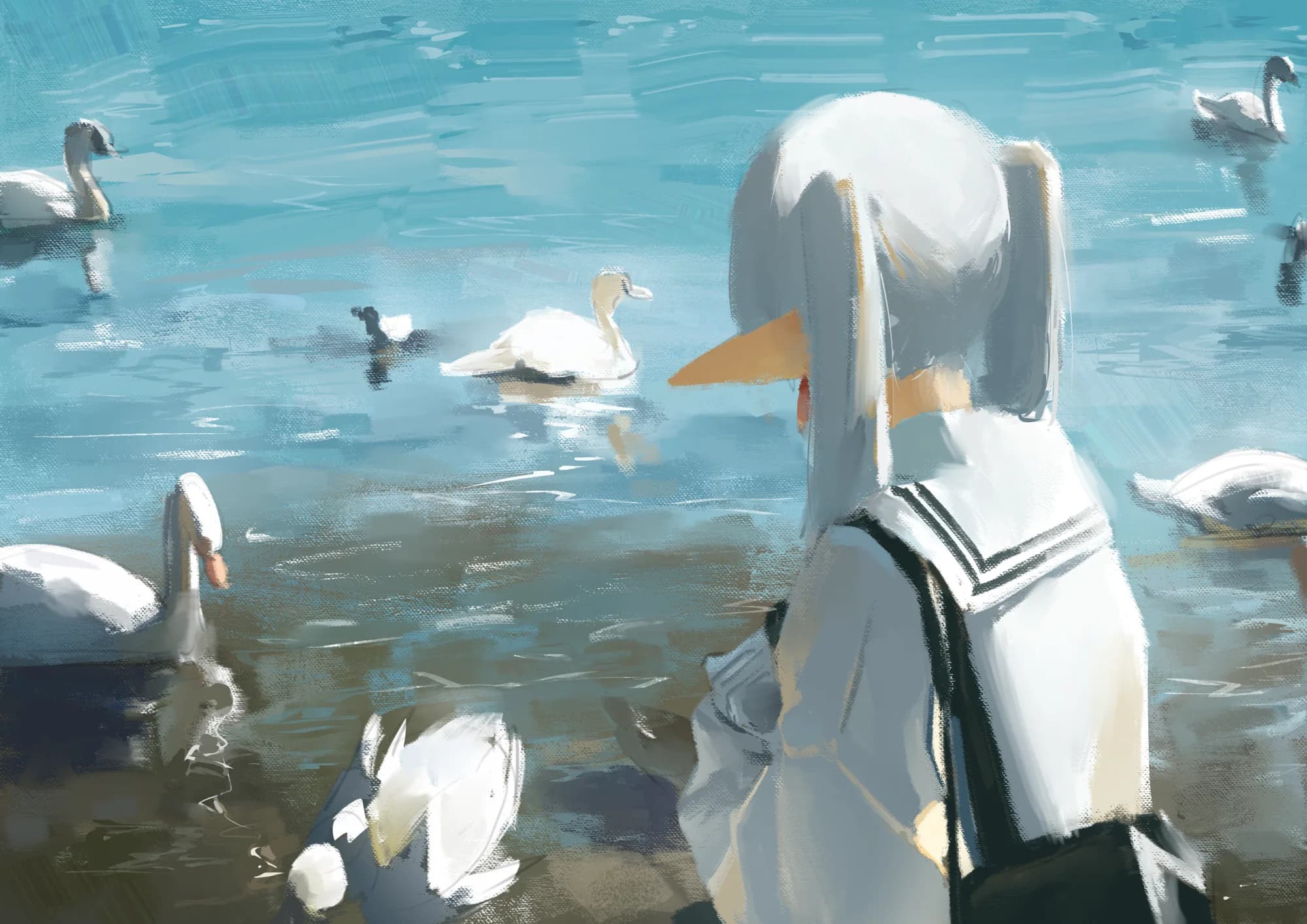 A girl viewed from behind watching swans glide on a lake